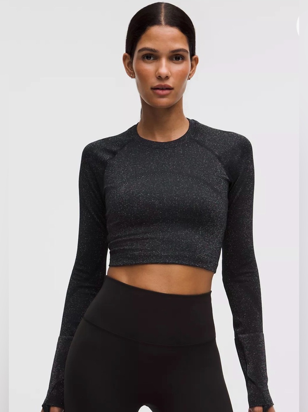 Swiftly Tech Cropped Long-Sleeve Shirt 2.0 Sparkle Black/Rainbow Lurex Size 4